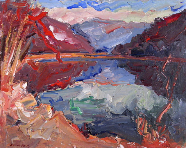 "Delaware River" 1963, Mykhailo Moroz; Oil on canvas panel 16 x 20